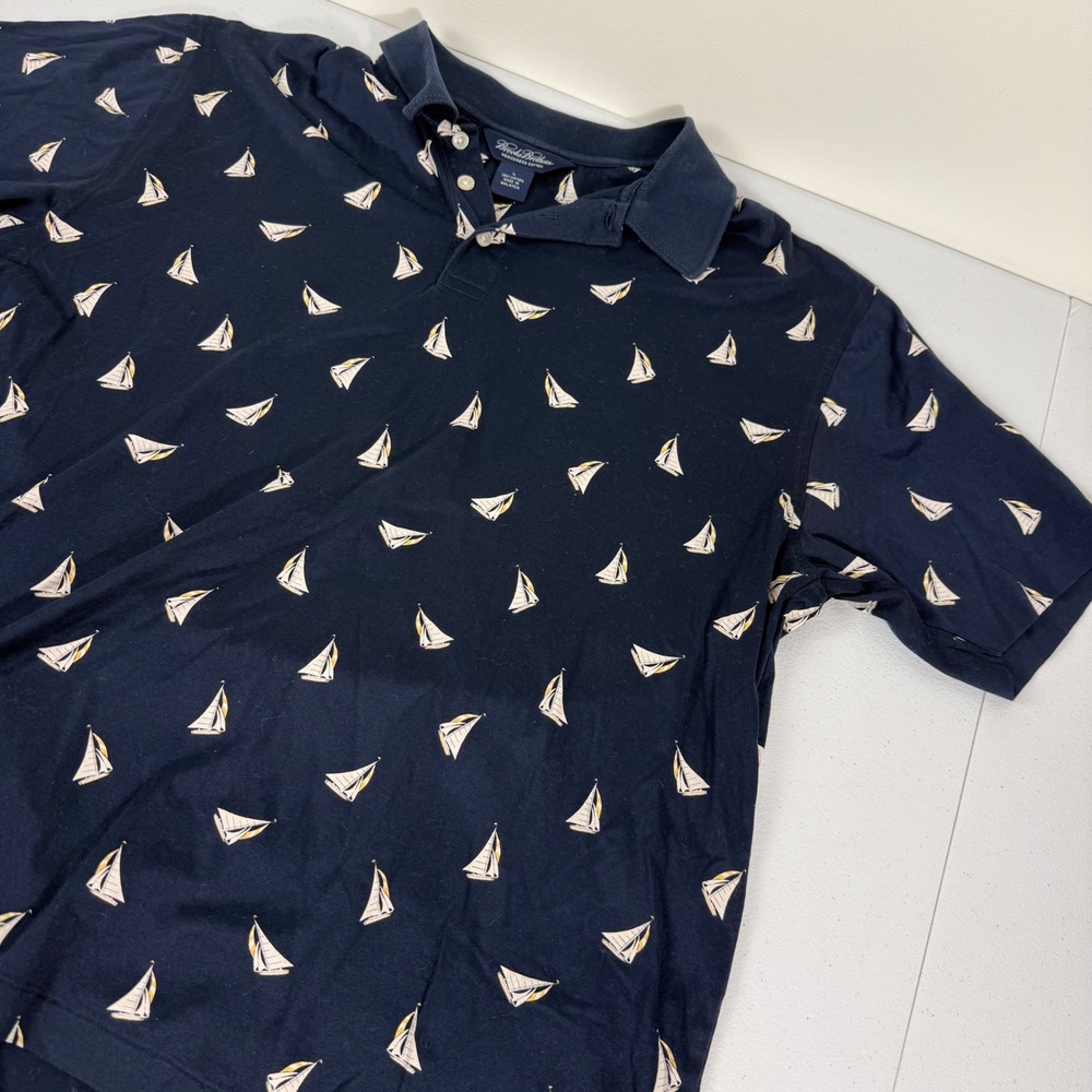 Brooks Brothers Mens Large Navy Blue Mercerized Cotton Sailboat Print Polo Shirt
